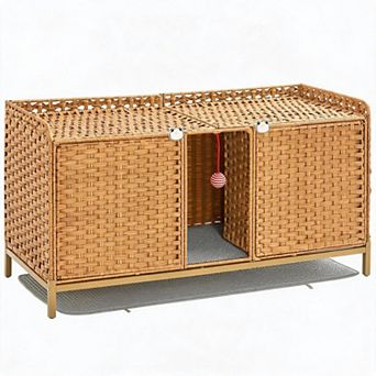 Rattan Litter Box Enclosure Double Cat Hidden Litterbox Furniture with Removable Litter Mat