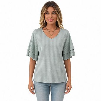Women's V-Neck Ruffle Short Sleeve Blouse, Casual Textured Knit T-Shirt Tops