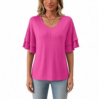 Women's V-Neck Ruffle Short Sleeve Blouse, Casual Textured Knit T-Shirt Tops