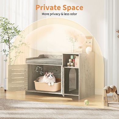 Farmhouse Wooden Cat House with Cushion Bench