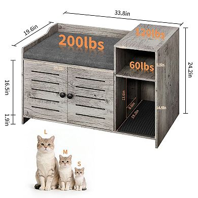 Farmhouse Wooden Cat House with Cushion Bench