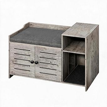 Farmhouse Wooden Cat House with Cushion Bench