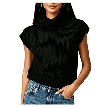 Women's Turtleneck Sleeveless Knit Vest Casual Ribbed Cropped Sweater Tank Top