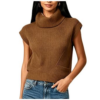 Women's Turtleneck Sleeveless Knit Vest Casual Ribbed Cropped Sweater Tank Top
