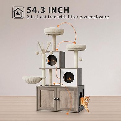 Cat Tree with Hidden Litter Box Enclosure Furniture