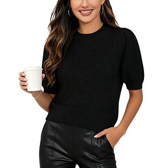 Women's Crew Neck Puff Short Sleeve Sweater Causal Waffle Knit Cropped Blouse