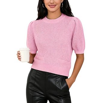 Women's Crew Neck Puff Short Sleeve Sweater Causal Waffle Knit Cropped Blouse