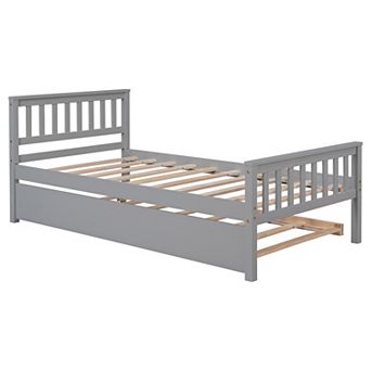 Twin Platform Bed with Trundle, Wood Bed Frames with Headboard and Footboard, Wood Slats