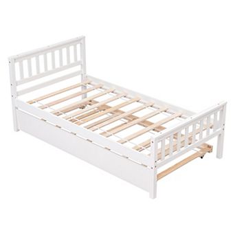 Twin Platform Bed with Trundle, Wood Bed Frames with Headboard and Footboard, Wood Slats