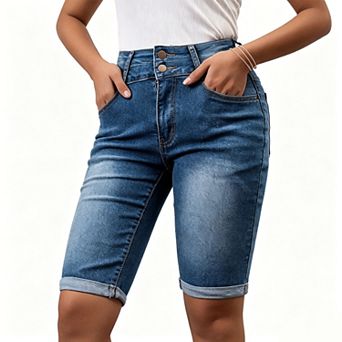 Women's High Waist Denim Bermuda Shorts, Double Button Fly Rolled Hem Stretch Slim Fit Jeans