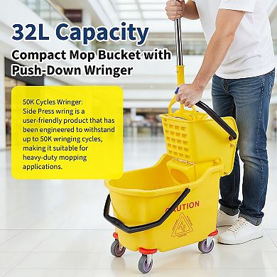 Commercial Mop Bucket with Side Press Wringer on Wheels for Professional Floor Cleaning