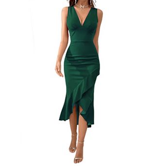 Womens V Neck Sleeveless Bodycon Midi Dress Casual Ruffle Hem Cocktail Party Wedding Dress