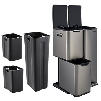 Triple Compartment Trash & Recycle Bin, 16 Gallon Stainless Steel, Foot Pedal, Removable Buckets