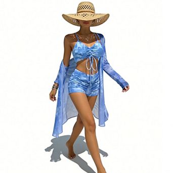 Women 3 pc Swimsuit Set Bikini with Ruched Crop Top and High Waisted Shorts Mesh Cover Up