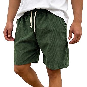 Men's Shorts Elastic Waist Knee Length Corduroy Drawstring Casual Shorts
