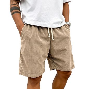 Men's Shorts Elastic Waist Knee Length Corduroy Drawstring Casual Shorts
