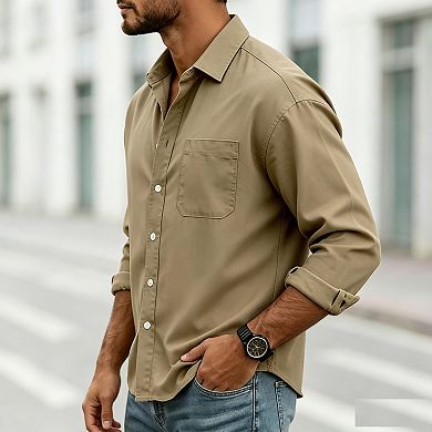 Mens Casual Button-Down Long Sleeve Shirt Relaxed Fit Casual Wear Top