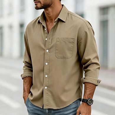 Mens Casual Button-Down Long Sleeve Shirt Relaxed Fit Casual Wear Top