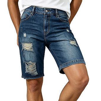 Men's Shorts Knee Length Distressed Casual Denim Shorts with Frayed Hem