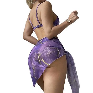 Women's 3 Piece Swimsuit Floral Triangle String Bikini Tie Side Bottom with Boho Cover Up Skirt