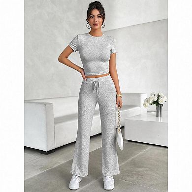 Women's Summer 2 Piece Lounge Set Short Sleeve Top Wide Leg Pants Pockets