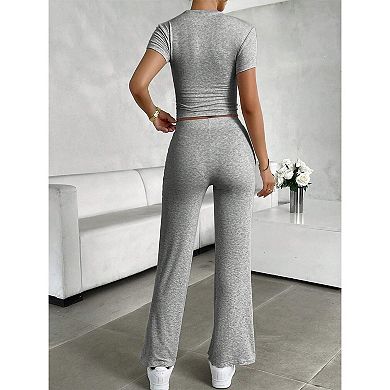 Women's Summer 2 Piece Lounge Set Short Sleeve Top Wide Leg Pants Pockets