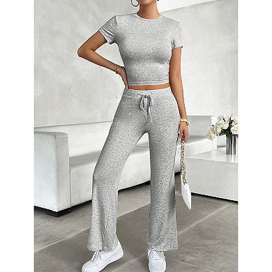Women's Summer 2 Piece Lounge Set Short Sleeve Top Wide Leg Pants Pockets