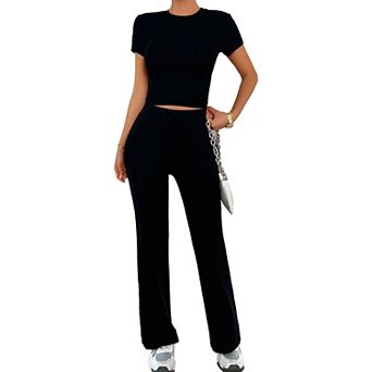 Women's Summer 2 pc Lounge Set Short Sleeve Top Wide Leg Pants Pockets