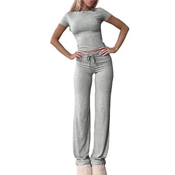 Women's Summer 2 pc Lounge Set Short Sleeve Top Wide Leg Pants Pockets