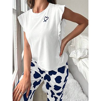 Women’s Heart Print Ruffle Sleeve Pajama Set with Long Pants
