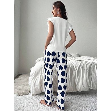 Women’s Heart Print Ruffle Sleeve Pajama Set with Long Pants