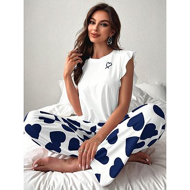 Women’s Heart Print Ruffle Sleeve Pajama Set with Long Pants