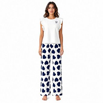 Women’s Heart Print Ruffle Sleeve Pajama Set with Long Pants