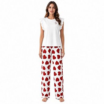 Women’s Heart Print Ruffle Sleeve Pajama Set with Long Pants