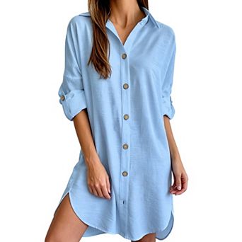 Women Button Down Shirt Dress Long Sleeve Casual Beach Cover Up Loose Fit Vacation Tunic Dress