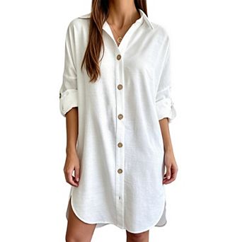 Women Button Down Shirt Dress Long Sleeve Casual Beach Cover Up Loose Fit Vacation Tunic Dress