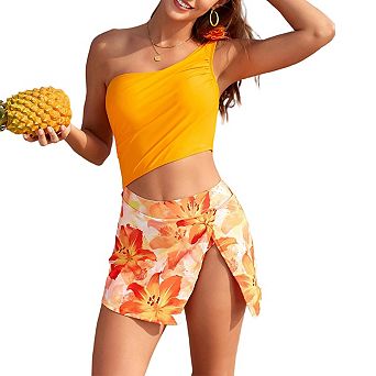 Women One Piece One Shoulder Color Block Swimsuit With Skirt Beach Vacation Pool Party Bathing Suits