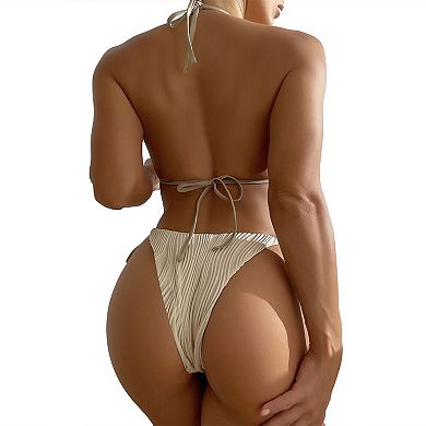 Women Textured Bikini Set Halter Tie Top High Cut Side Tie Bottom Two Piece Swimsuit Bathing Suit