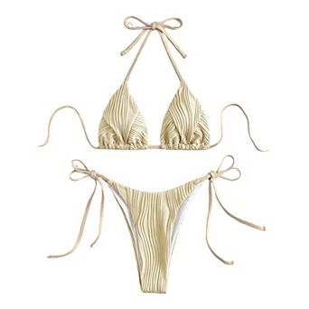 Women Textured Bikini Set Halter Tie Top High Cut Side Tie Bottom Two Piece Swimsuit Bathing Suit