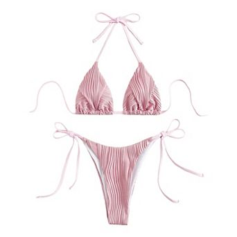 Women Textured Bikini Set Halter Tie Top High Cut Side Tie Bottom Two Piece Swimsuit Bathing Suit