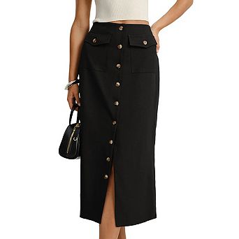 Women's High Waist Button Front Midi Pencil Skirt Flap Pocket Split Hem Straight Maxi Work Skirt
