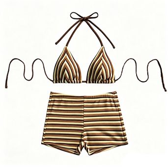 Women Striped Bikini Set Halter Tie Triangle Top High Waist Bottom Two Piece Bathing Suit Swimsuit