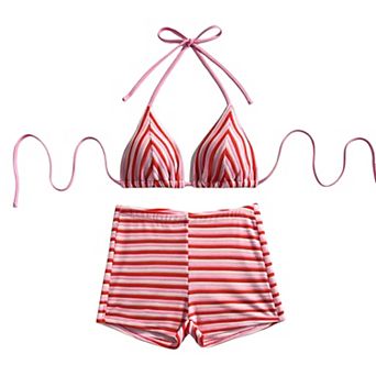 Women Striped Bikini Set Halter Tie Triangle Top High Waist Bottom Two Piece Bathing Suit Swimsuit