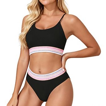 Women Ribbed Two Piece Bikini Set Adjustable Spaghetti Strap Crop Top High Cut Bathing Suit
