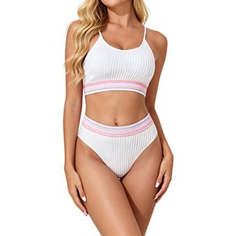 Women Ribbed Two Piece Bikini Set Adjustable Spaghetti Strap Crop Top High Cut Bathing Suit
