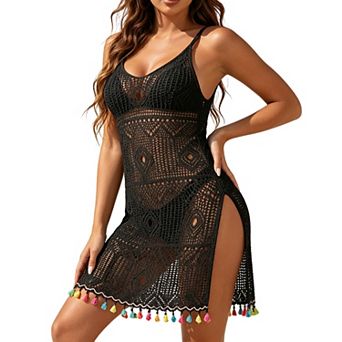 Women Crochet Cover Up Dress Spaghetti Strap Deep V Neck Side Split Beach Swimwear Coverups