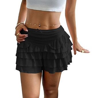 Women's Ribbed Knit Tiered Ruffle Mini Skort Ruched High Waist Front Bow Casual Layered Skirt Shorts
