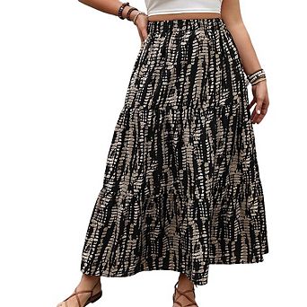Women's Plus Size High Waist Tiered Ruffle Midi Skirt Loose Flowy Casual Long Skirt