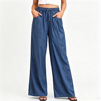 Women's Drawstring Elastic Waist Chambray Wide Leg Pants Side Pocket Loose Casual Trousers