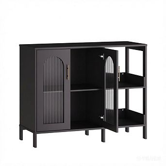 Black Glass Door Sideboard Buffet Cabinet, Wood Storage with Drawers Adjustable Shelves for Kitchen